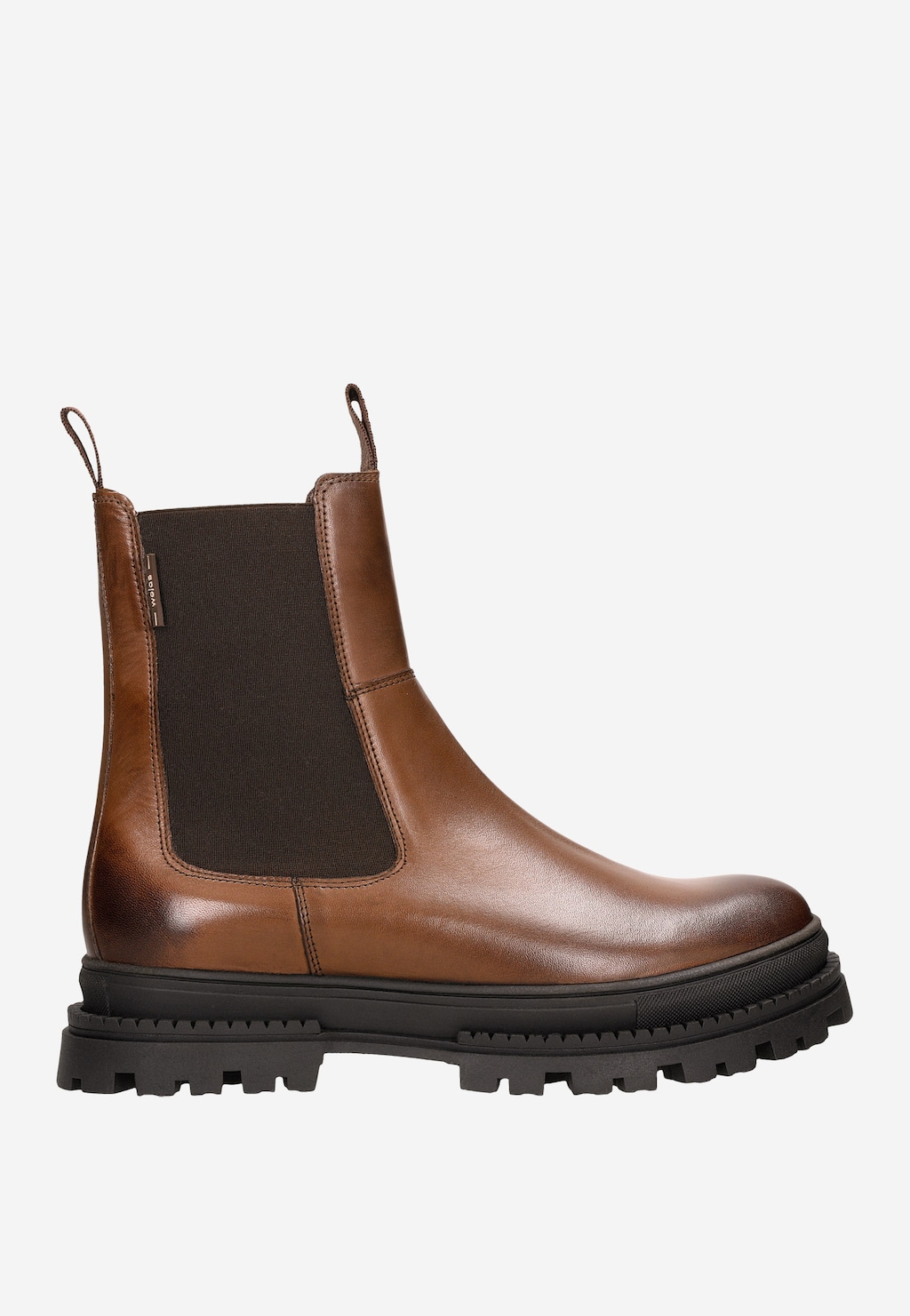 Wysokie skórzane sztyblety męskie Wojas model 20018-52 w brązowym kolorze z elastycznymi wstawkami po bokach i masywną podeszwą, widok z boku.