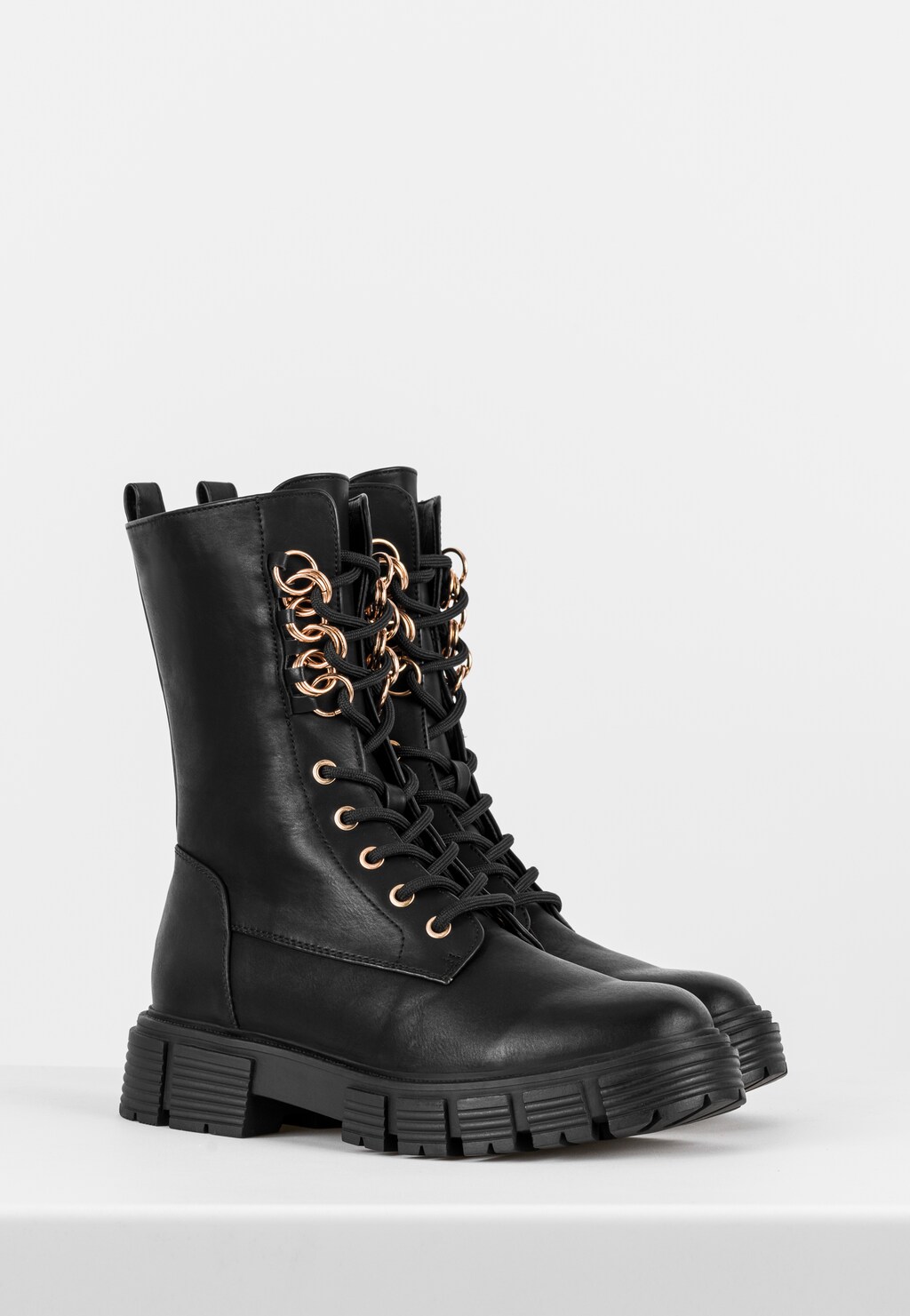 WJS czarne sznurowane trzewiki damskie ze złotymi ozdobnymi kółkami WJS55041-51 Widok 3