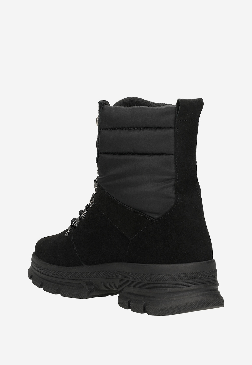 Czarne trzewiki damskie RELAKS R64005-11 ze skóry i ortalionu - widok z tyłu ukazujący pikowany materiał, grubą podeszwę i zamszowe elementy.