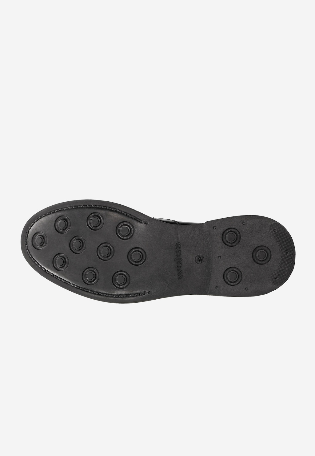 Podeszwa czarnych lakierowanych mokasyny męskich Wojas model 10137-31 typu penny loafers z okrągłymi wypustkami dla lepszej przyczepności, widok od spodu.