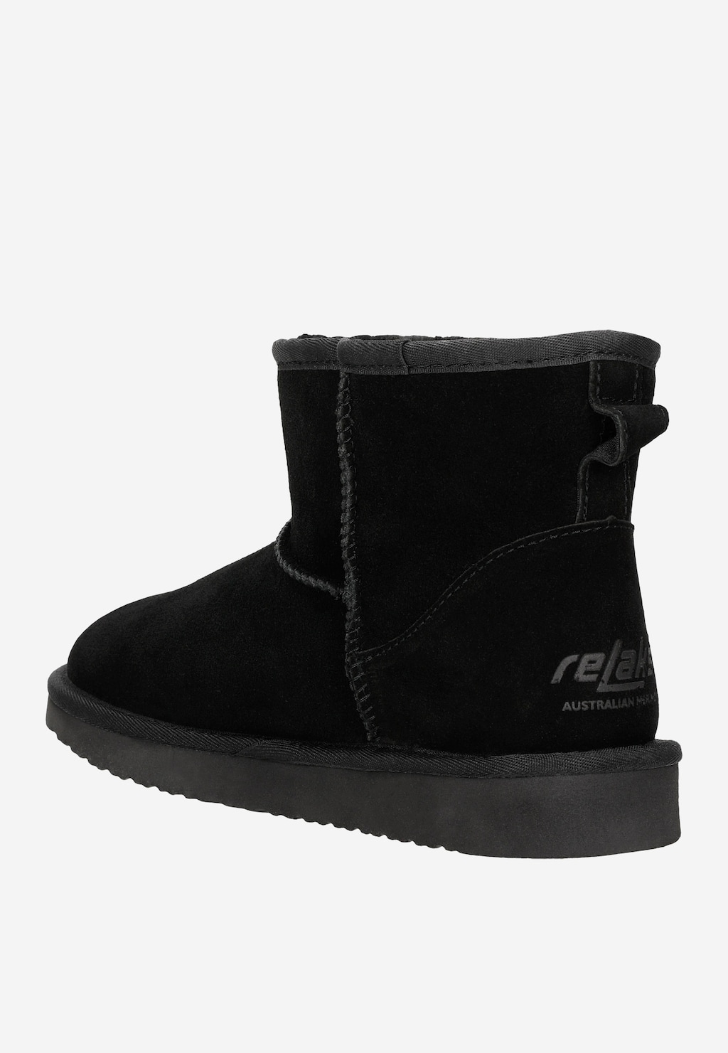 Czarne damskie śniegowce Relaks model R55003-61 z miękkim wykończeniem krawędzi, widok z boku, wykonane z zamszowej skóry, idealne na zimowe warunki.