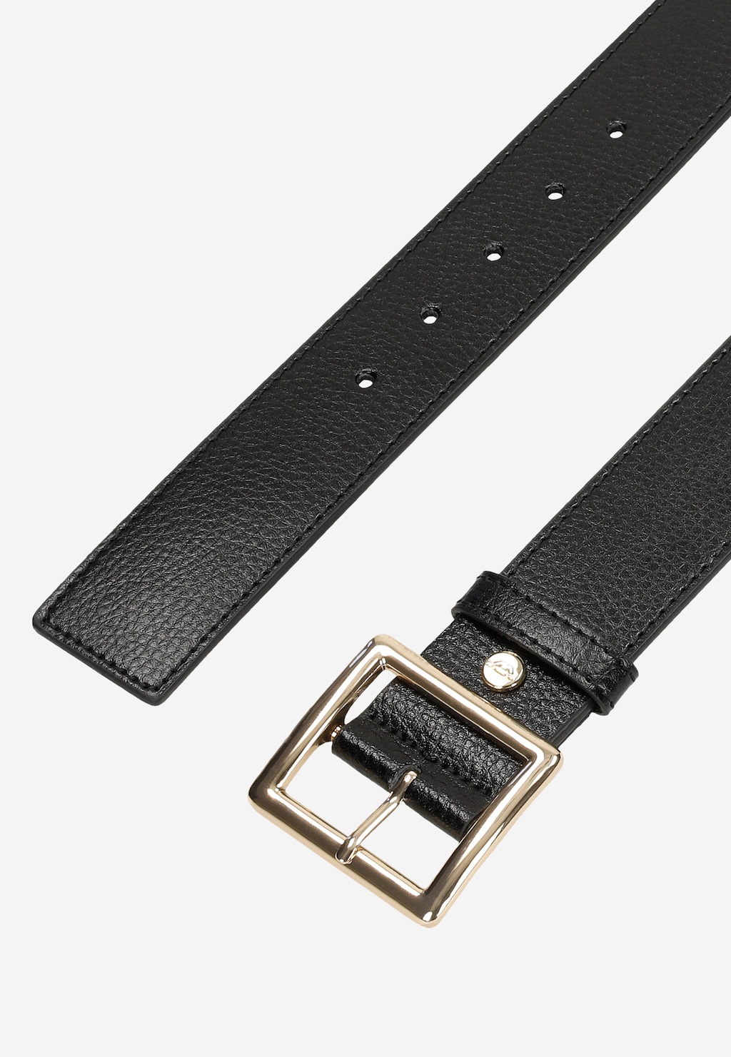 Czarny skórzany pasek damski Wojas model 93071-51 ze złotą klamrą, widoczny z teksturowaną powierzchnią i regulowanymi otworami, elegancki dodatek do stylizacji.