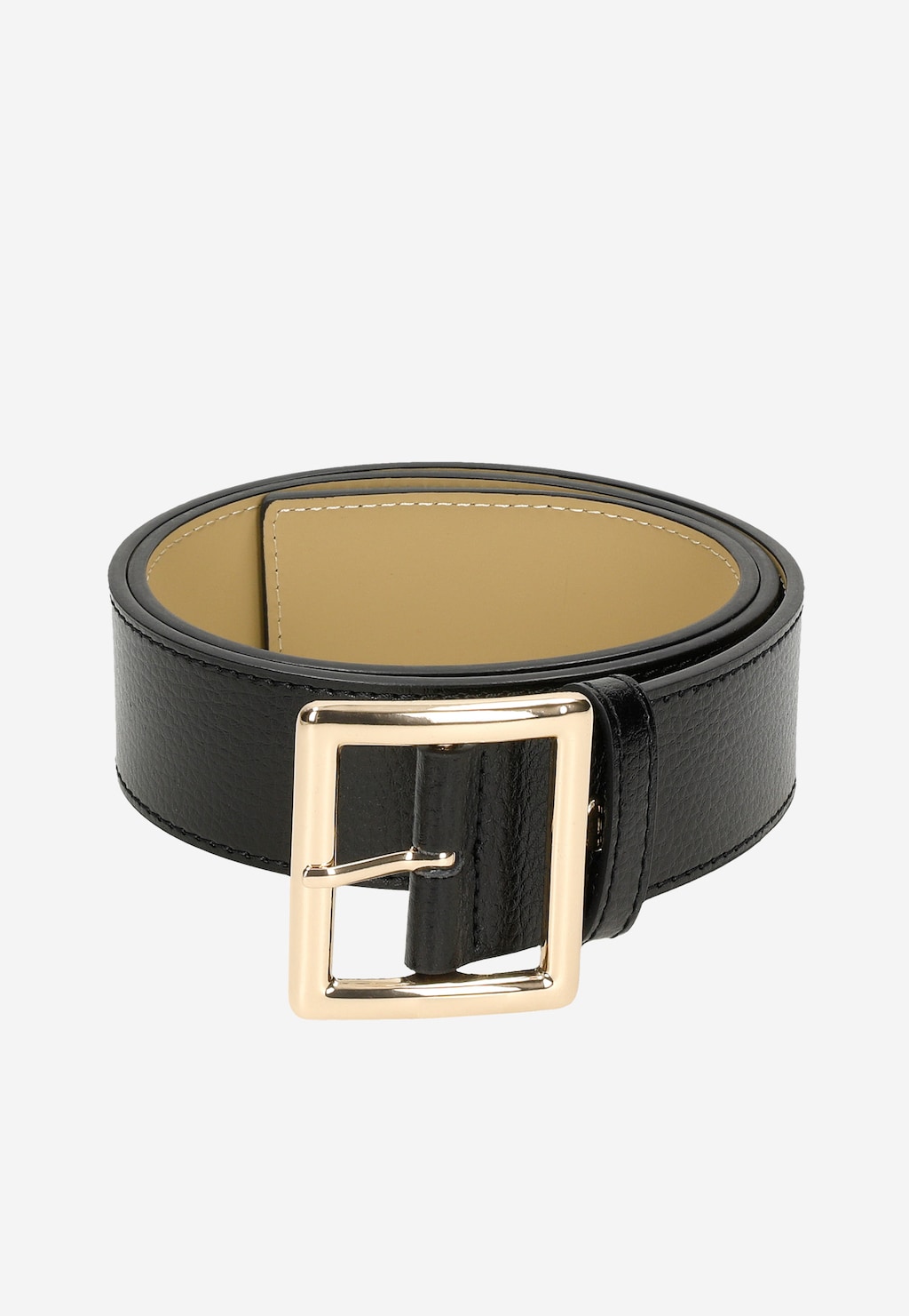 Czarny skórzany pasek damski Wojas 93071-51 ze złotą prostokątną klamrą, pokazany z profilu. Wewnętrzna strona paska ma jasnobeżowy kolor.