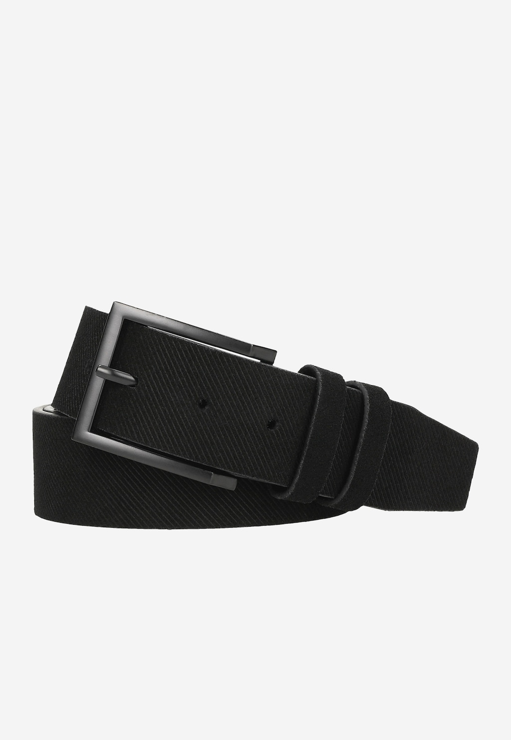 Czarny pasek męski Wojas model 93077-61 z charakterystyczną teksturą na skórze, metalową klamrą i dwoma szlufkami, ukazany z boku.