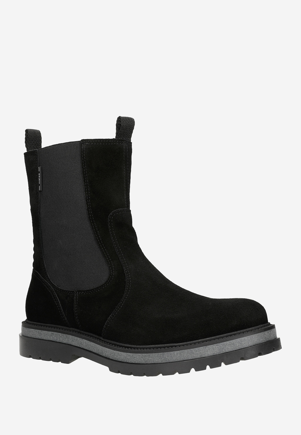 Czarne sztyblety męskie Wojas model 20021-61 z wysoką cholewką, wykonane z zamszu, z elastycznymi wstawkami po bokach i grubą podeszwą o szarym wykończeniu.