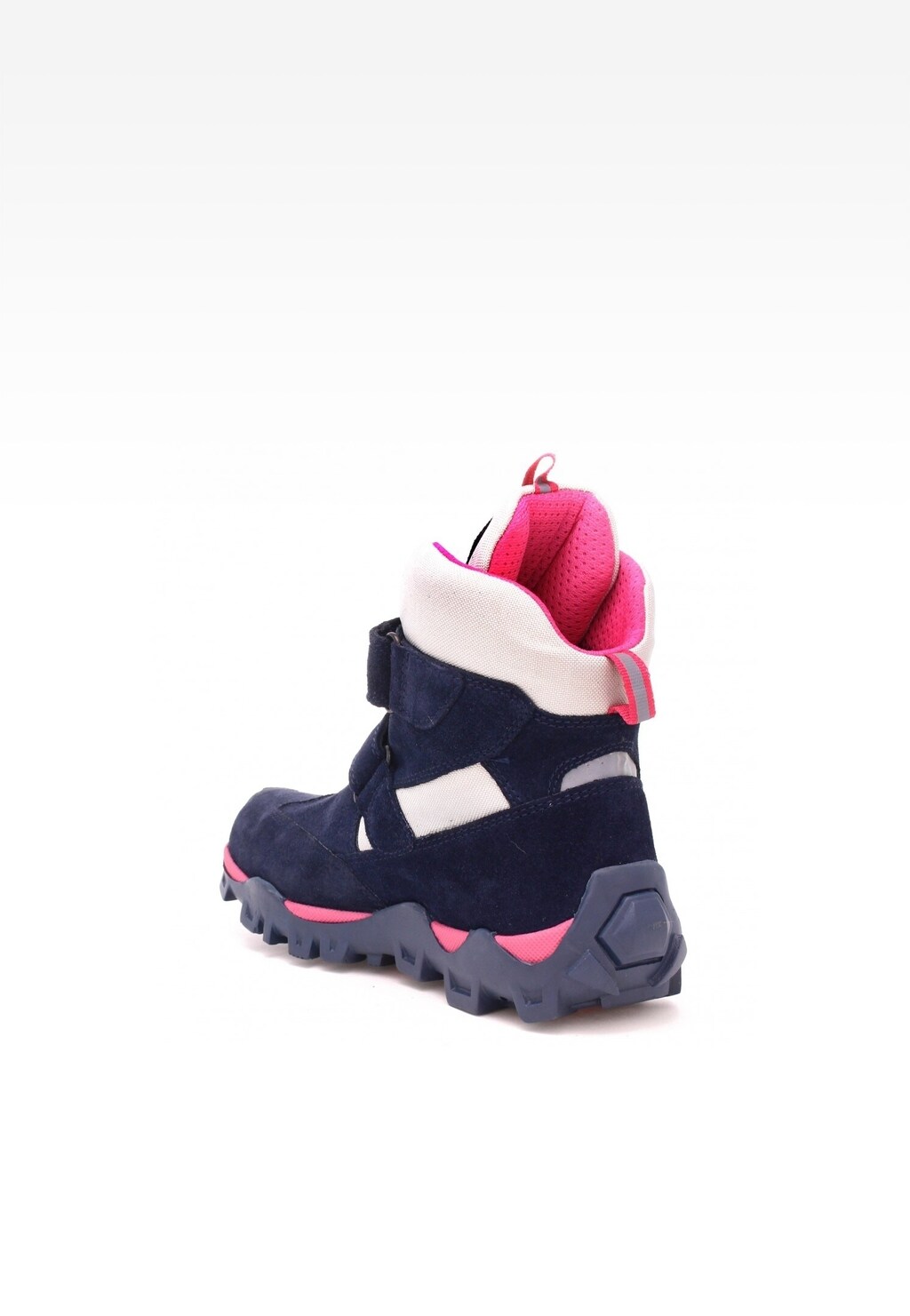 Trzewiki ocieplane Bartek model 7395-69XL dla dziewczynki w kolorze granatowo-różowym, z zapięciem na rzep, widoczne z tyłu, z wyrazistą podeszwą i różową wyściółką.