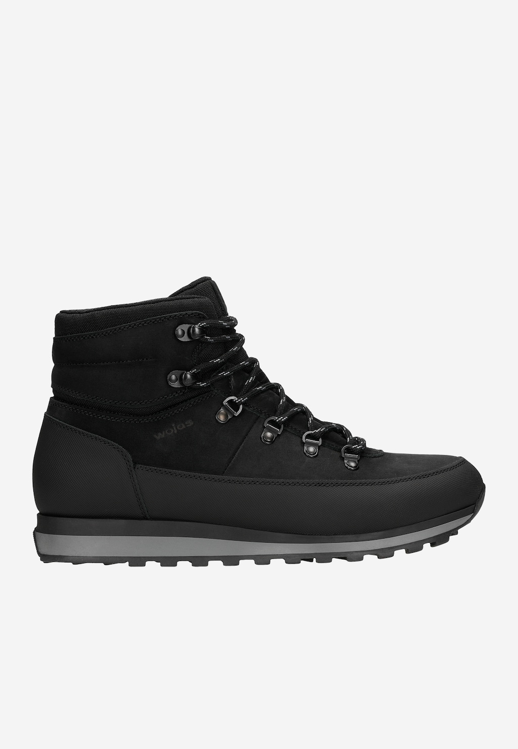 Czarne zimowe buty trekkingowe męskie Wojas model 24078-71 z bocznego profilu, z charakterystycznymi metalowymi oczkami do sznurowania i szarą podeszwą.