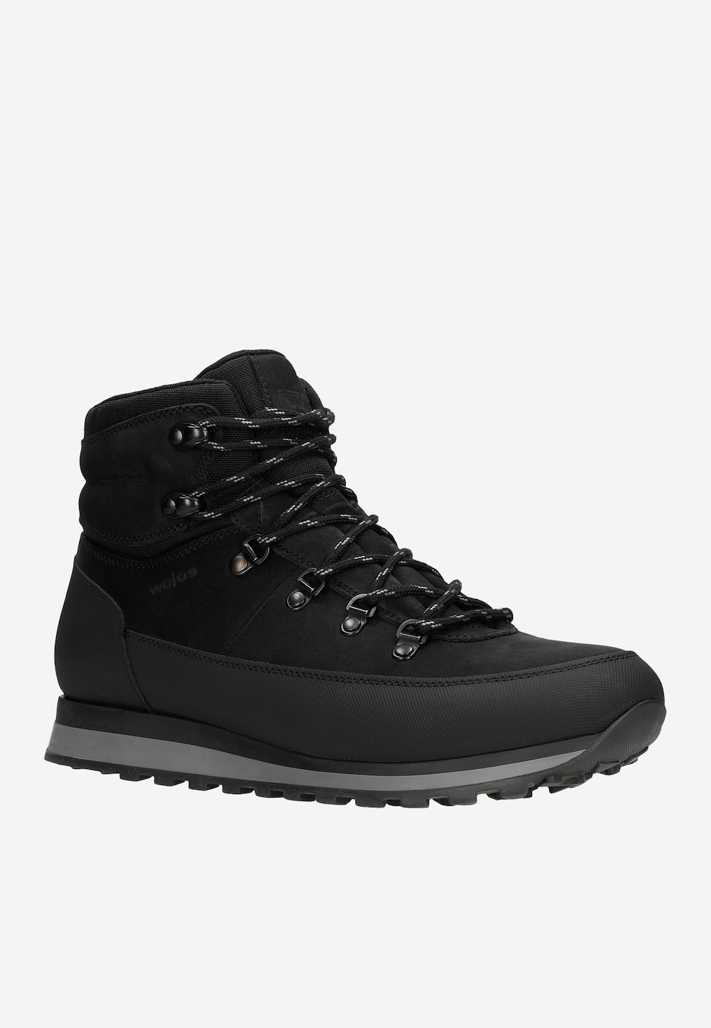 Czarne zimowe buty trekkingowe męskie Wojas model 24078-71 z wysoko zabudowaną cholewką, kontrastującą szarą podeszwą i systemem sznurowania z metalowymi oczkami.