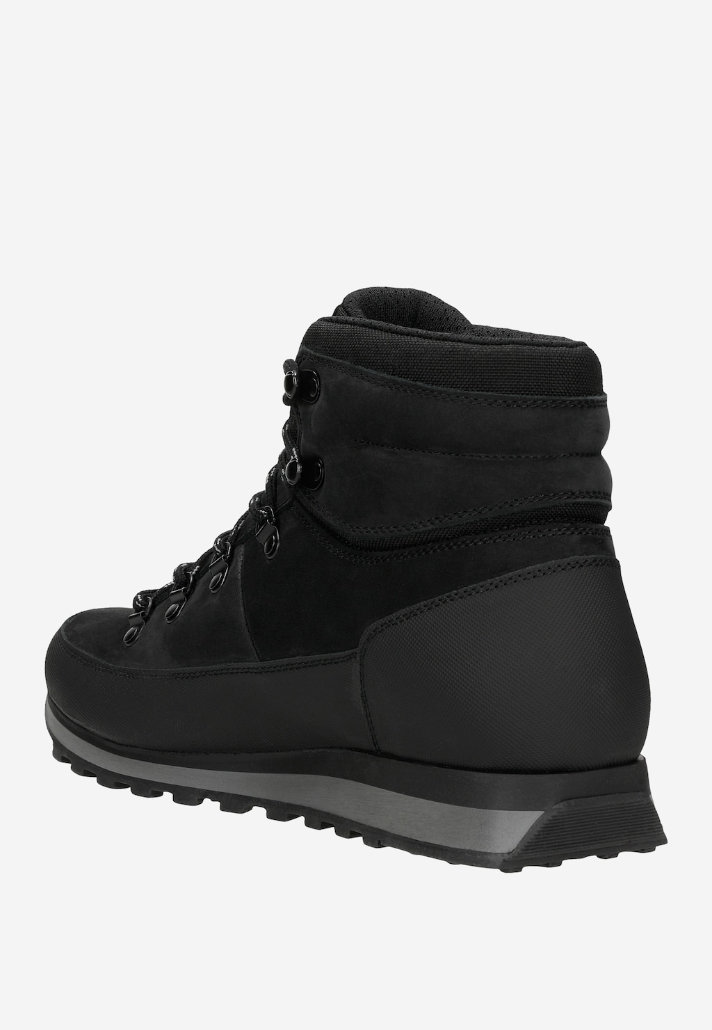 Czarne zimowe buty trekkingowe męskie Wojas model 24078-71 z bocznego profilu, wyposażone w sznurowanie, grubą podeszwę i ocieplany kołnierz.