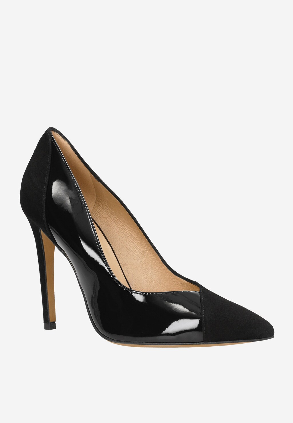 Szykowne czarne czółenka na szpilce z połączenia skóry welurowej i lakierowanej 35098-71 Widok 3