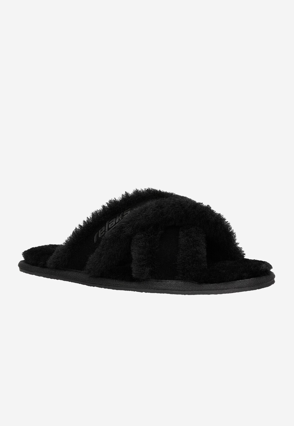 Czarne puchate kapcie damskie RELAKS model R34005-61 z miękkim, krzyżowym paskiem z futerka, idealne na zimowe wieczory w domu.