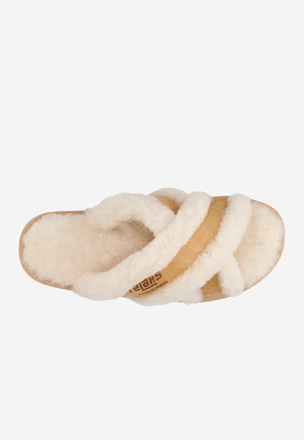 Beżowe pantofle damskie RELAKS model R34005-64 z puszystym, puchatym wykończeniem i krzyżującymi się paskami, widok z góry, ukazujący miękką, ciepłą konstrukcję.