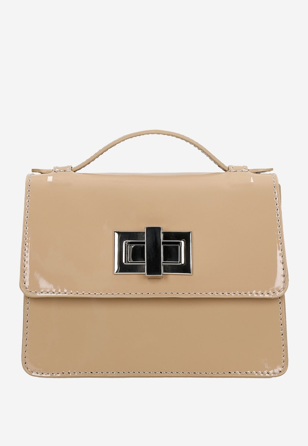 Beżowa lakierowana torebka wizytowa Wojas 80215-34 z metalowym zapięciem w kolorze srebrnym i czarnym oraz uchwytem do noszenia w dłoni, widok z przodu.