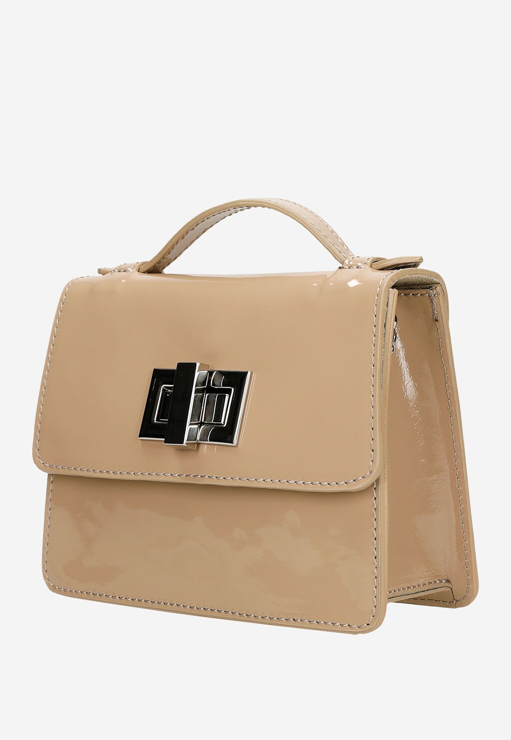 Elegancka beżowa lakierowana torebka damska Wojas model 80215-34 z metalowym zapięciem i uchwytem, pokazana z boku, idealna do stylizacji wizytowych.