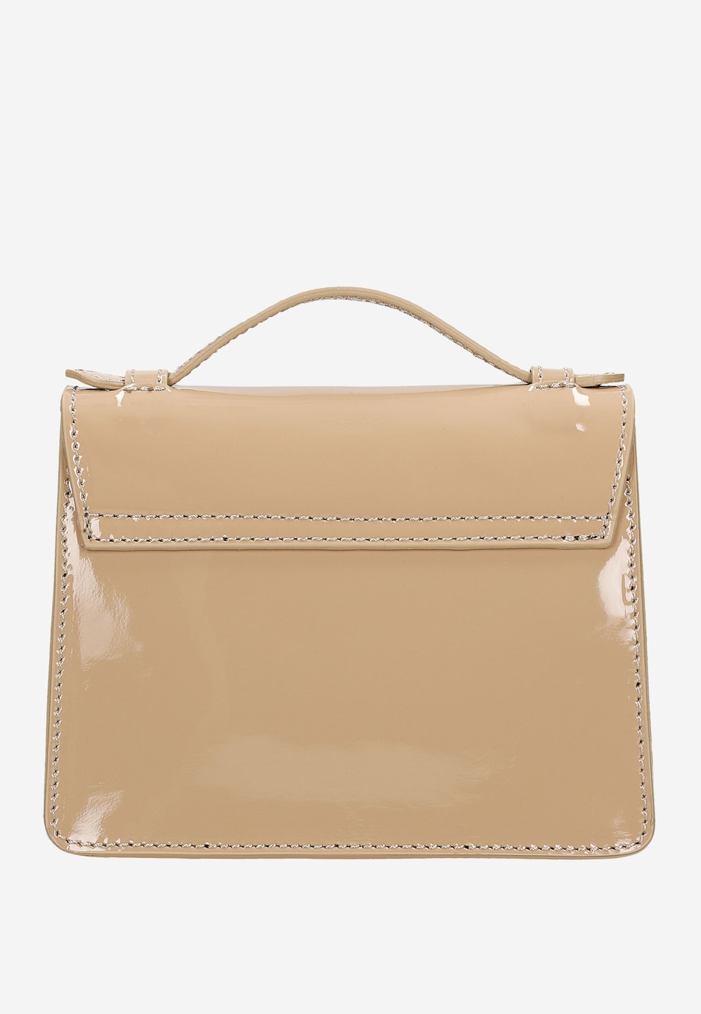 Elegancka beżowa lakierowana torebka damska Wojas 80215-34 z uchwytem, widoczna z przodu, o prostokątnym kształcie z ozdobnymi przeszyciami.