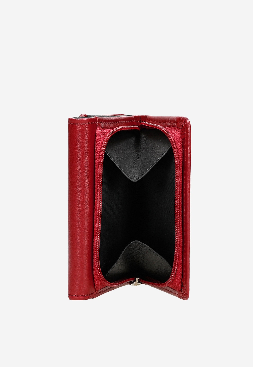 Elegancki czerwony portfel damski Wojas model 91067-55 otwarty, ukazujący czarne wnętrze z przegródkami. Kompaktowy rozmiar idealny do małej torebki.