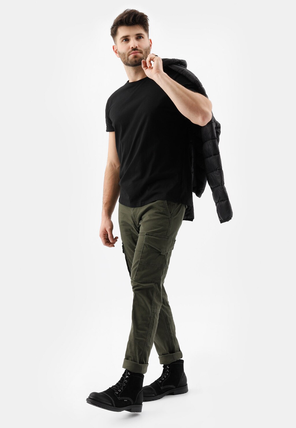 Czarne sznurowane bikery męskie z dwoiny welurowej 24032-61 Widok 7