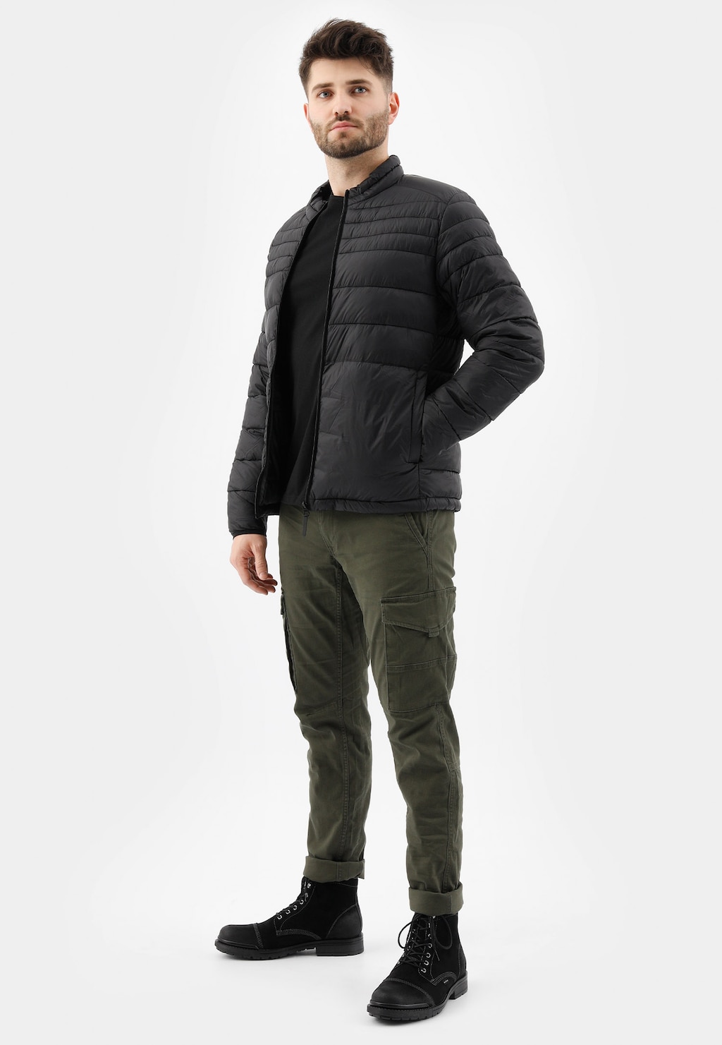 Czarne sznurowane bikery męskie z dwoiny welurowej 24032-61 Widok 1