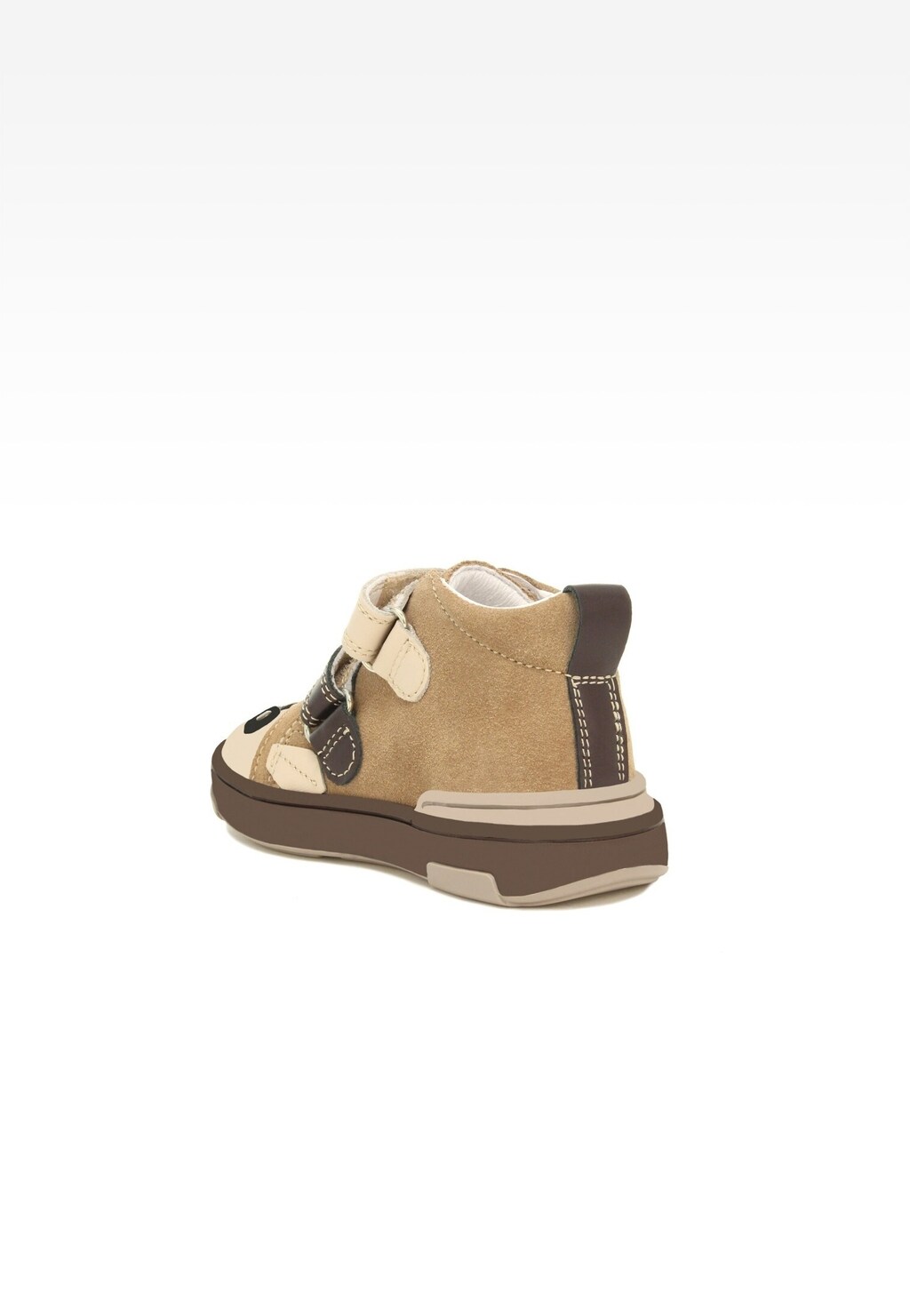 Beżowo-brązowy bucik dziecięcy Bartek Mini first steps 13678001, widok z boku, z rzepem, ozdobnym wzorem z przodu i grubą podeszwą, idealny dla pierwszych kroków maluchów.