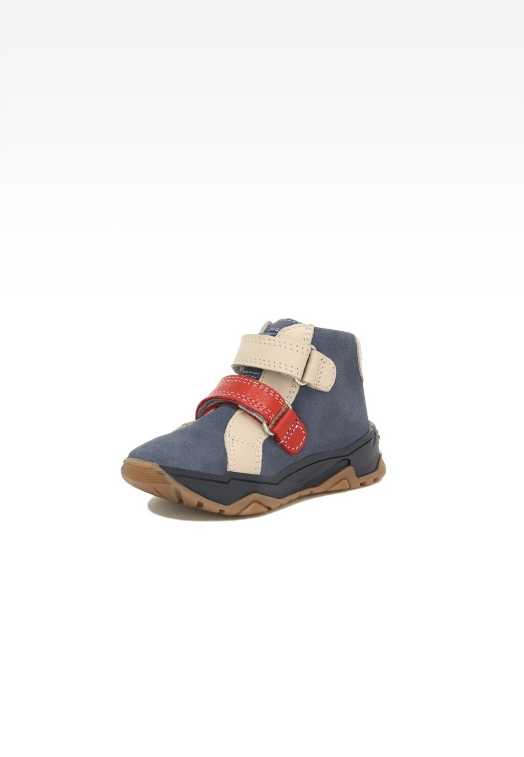 Trzewiki BARTEK 11689002 dla chłopców w kolorze granatowo-beżowym z czerwonym zapięciem na rzep, wyposażone w wygodną podeszwę z gumy o bieżnikowanym wzorze.