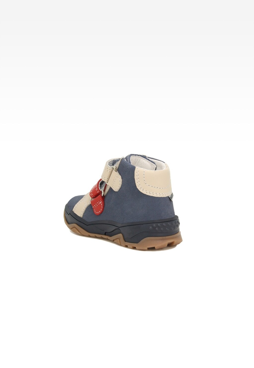 Trzewiki dziecięce Bartek 11689002 w kolorze granatowo-beżowym, z czerwonym elementem zapinanym na klamerkę, widok z boku, podeszwa gumowa w brązowym odcieniu.