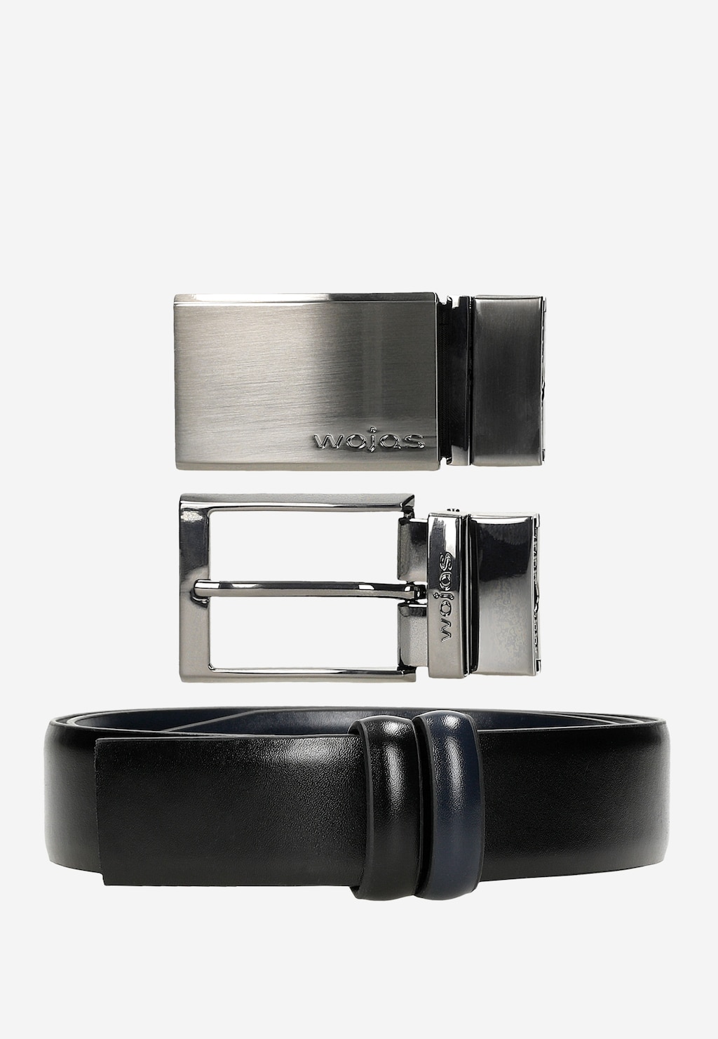 Elegancki czarno-granatowy zestaw prezentowy Wojas 95901-56 z dwustronnym paskiem i dwiema metalowymi klamrami - matową i błyszczącą z logo marki.