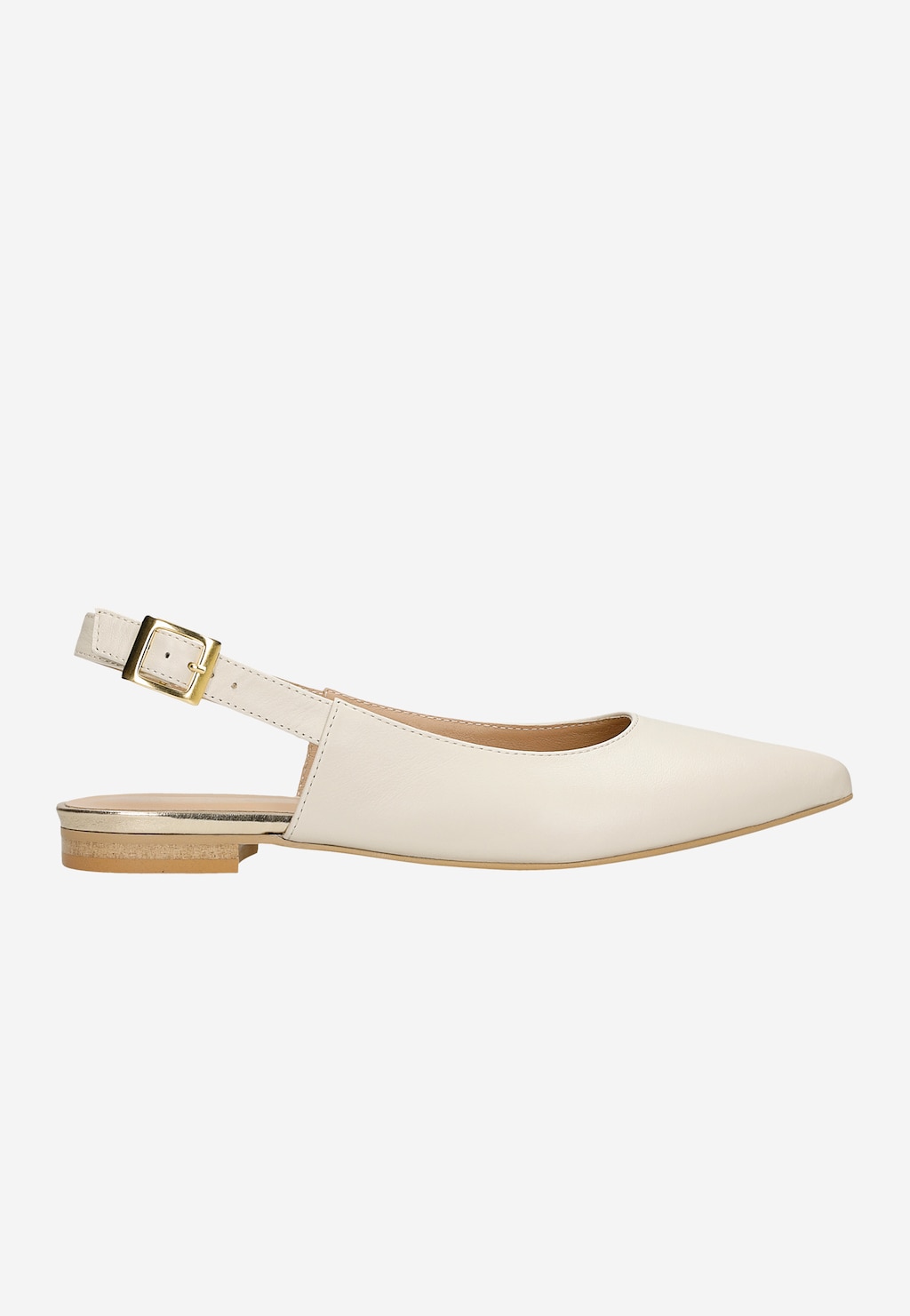 Beżowe skórzane baleriny Wojas 44023-54 z odkrytą piętą, noskiem w szpic i regulowanym paskiem przy kostce, na niskim drewnianym obcasie.