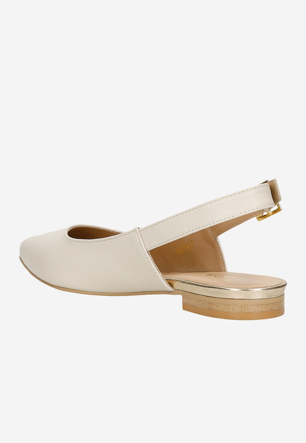 Beżowe skórzane baleriny Wojas 44023-54 z odkrytą piętą i noskiem w szpic, widoczne z boku, ze złotą sprzączką przy pasku na pięcie i niskim obcasem.