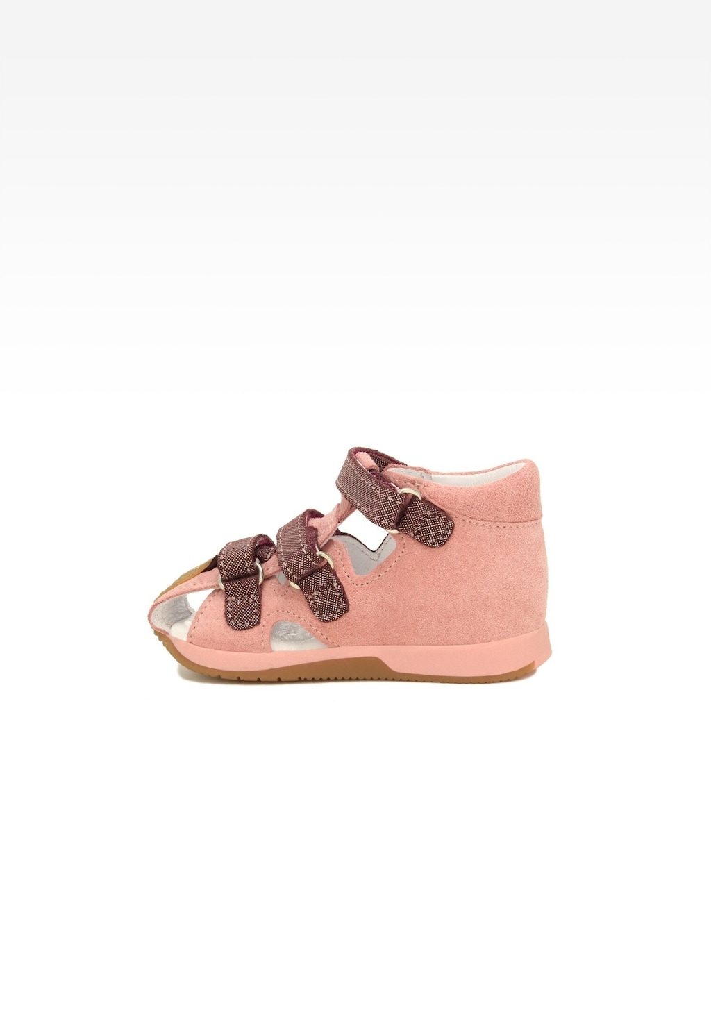 Różowo-bordowe sandały Bartek 81021-007 dla dziewcząt z zamszowej skóry, zapinane na dwa regulowane rzepy, z otwartymi palcami i zabudowaną piętą.