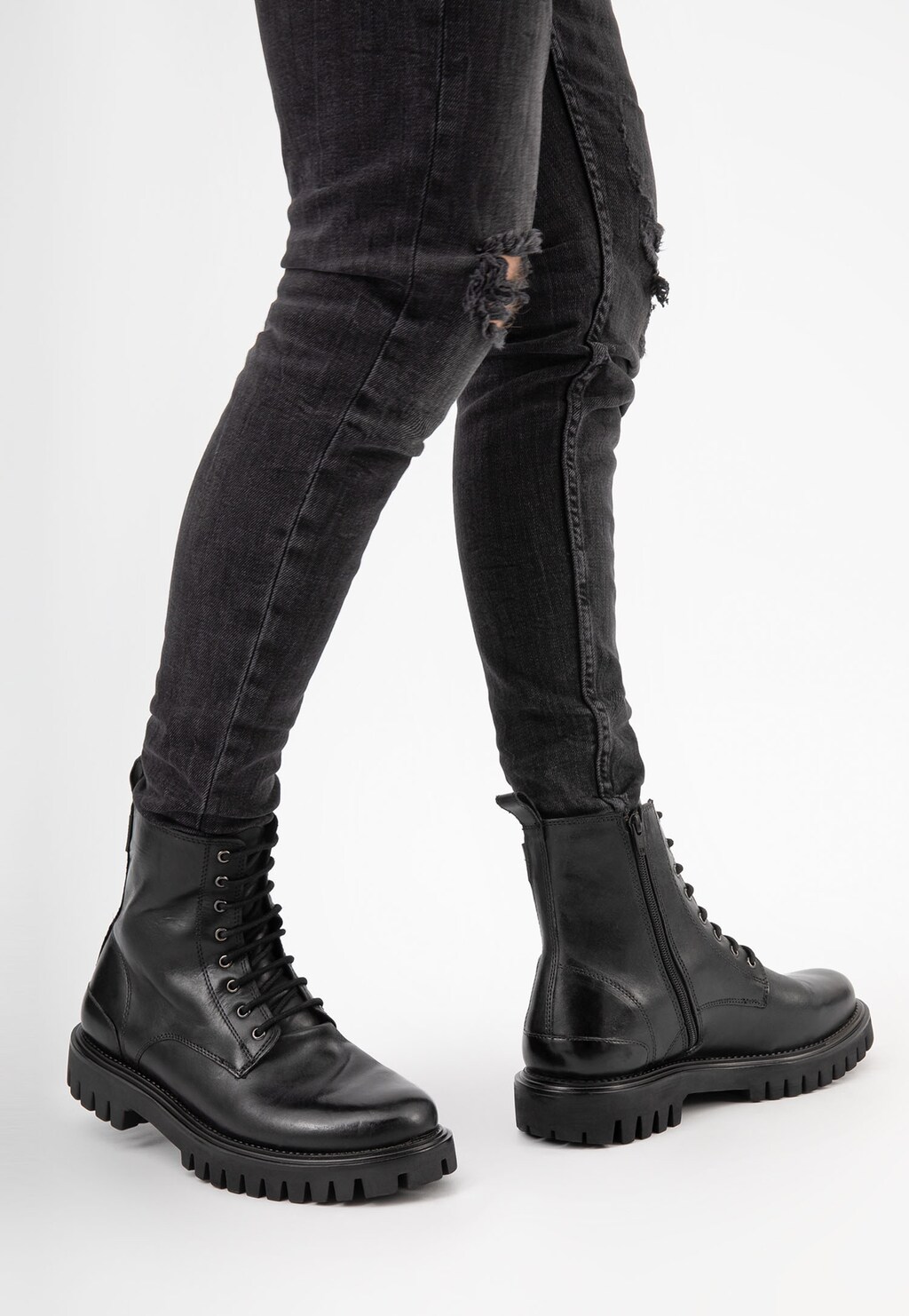 Czarne jesienne bikery męskie ze skóry licowej 24060-51 Widok 7