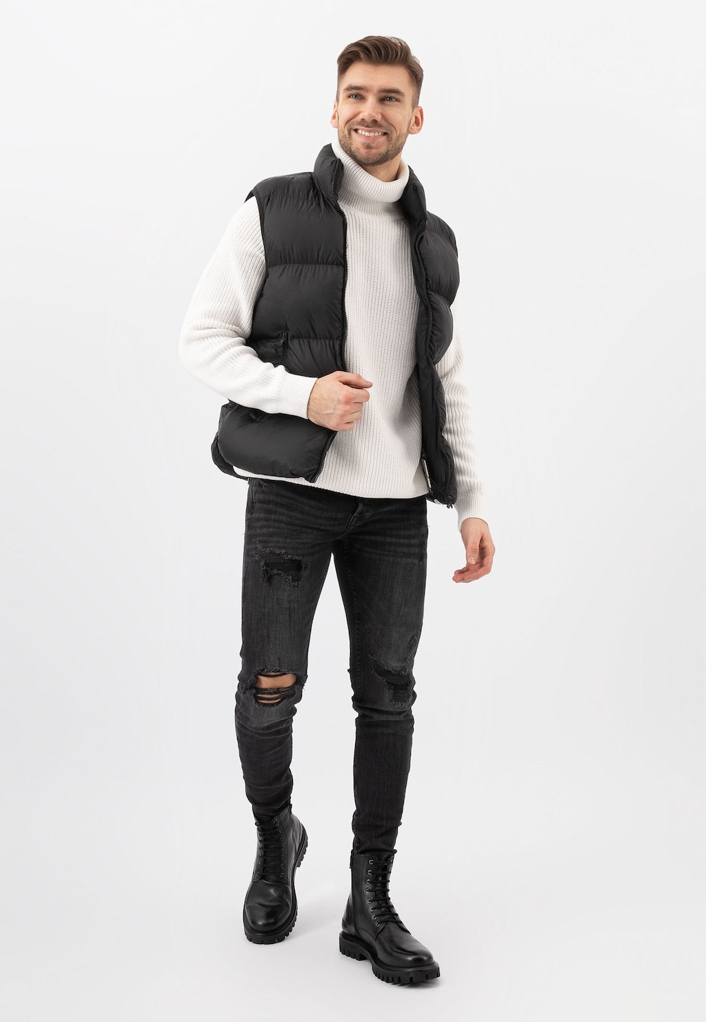 Czarne jesienne bikery męskie ze skóry licowej 24060-51 Widok 1