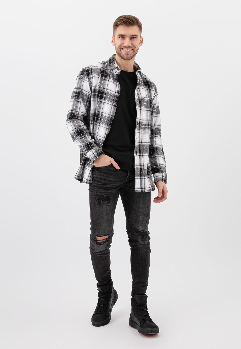 Czarne skórzane trampki męskie ponad kostkę  24068-71 Widok 1