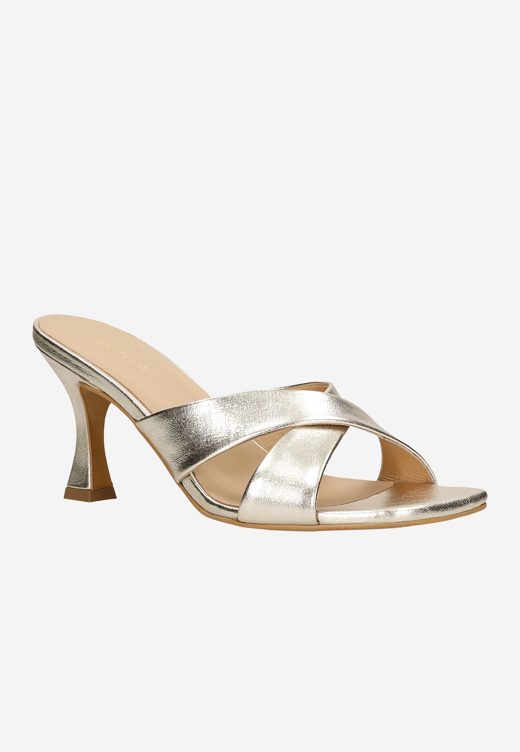 Eleganckie klapki damskie Wojas 74101-58 w kolorze złoty metalik, z krzyżującymi się paskami na przodzie i smukłym obcasie w kształcie klepsydry, idealne na wieczorne wyjścia.