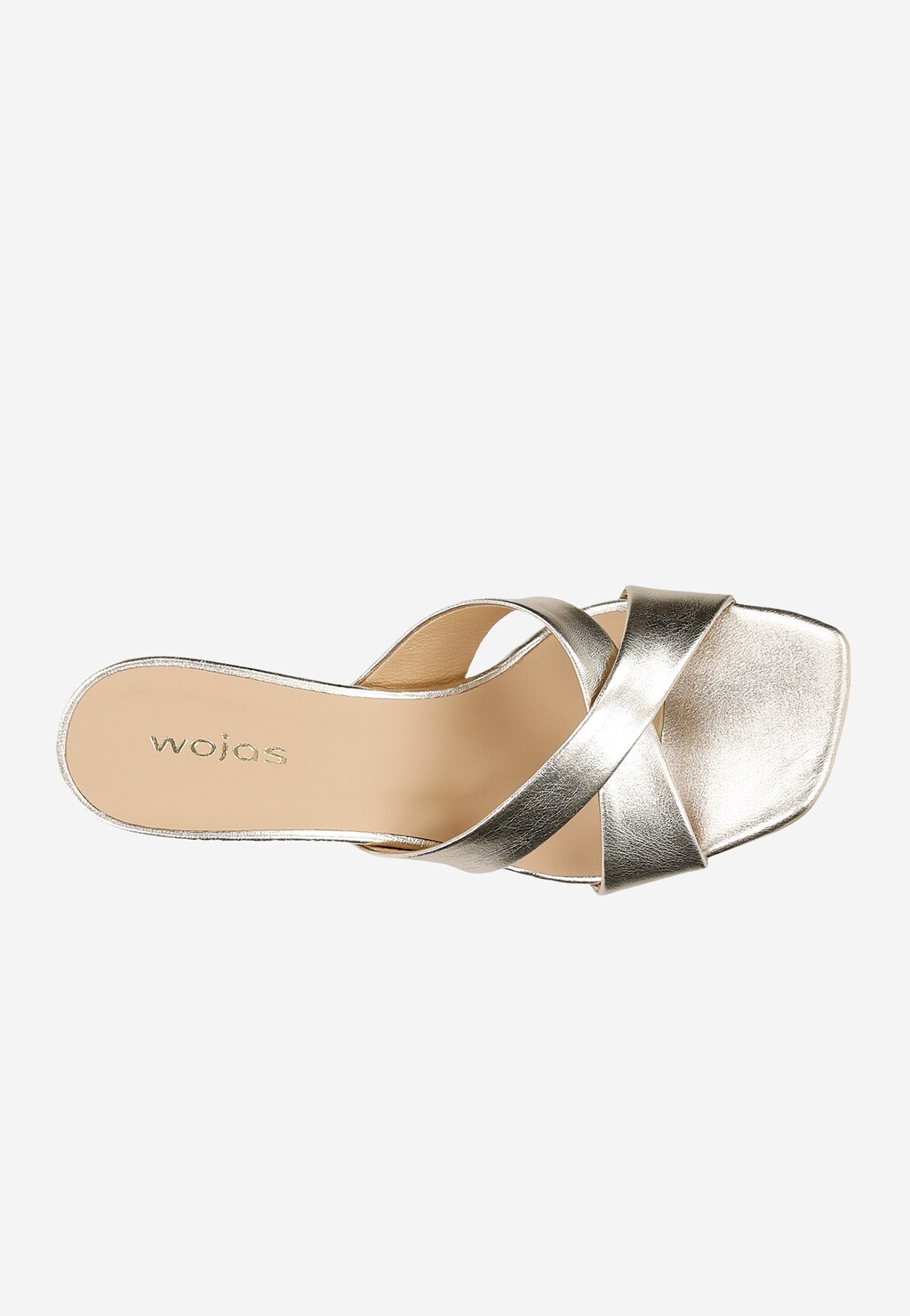 Eleganckie klapki damskie Wojas 74101-58 w złotym metalicznym kolorze z paskami skrzyżowanymi na wierzchu, widoczne z góry, na obcasie, z kwadratowym noskiem.