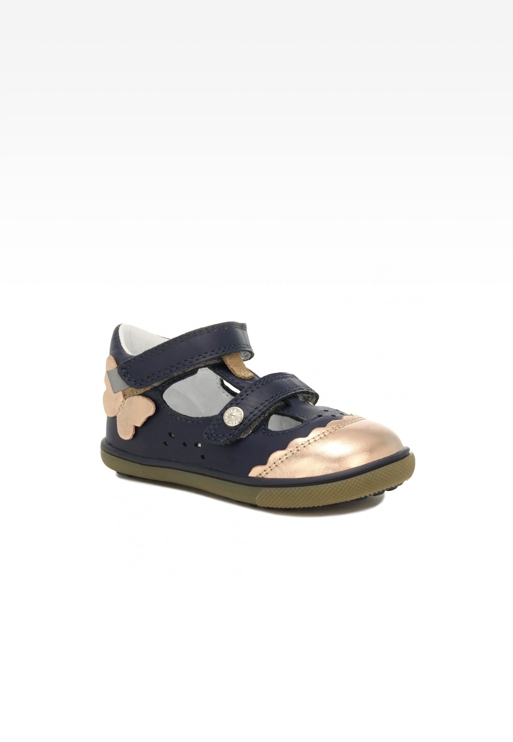 Granatowo-złote obuwie profilaktyczne Bartek Baby dla dziewcząt z ozdobnym motylem, zapinane na rzepy, z perforacją i elastyczną podeszwą, model 81798-029.