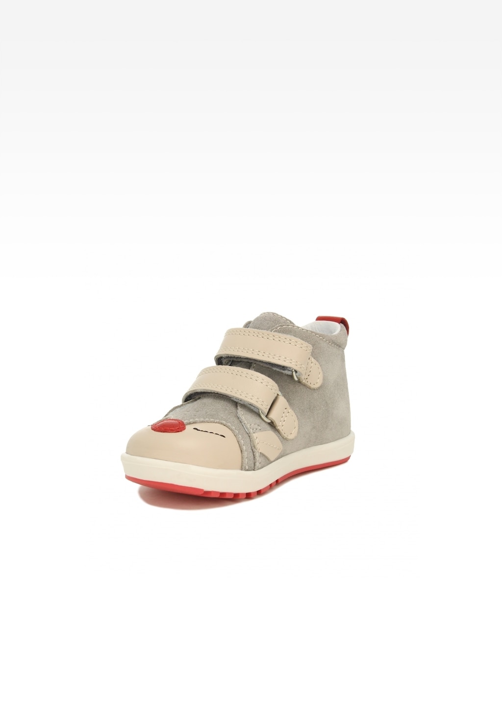 Beżowe buty profilaktyczne Bartek baby model 135670-11 z podwójnymi rzepami, dekoracyjnym czerwonym elementem oraz profilowaną podeszwą dla małych dzieci.
