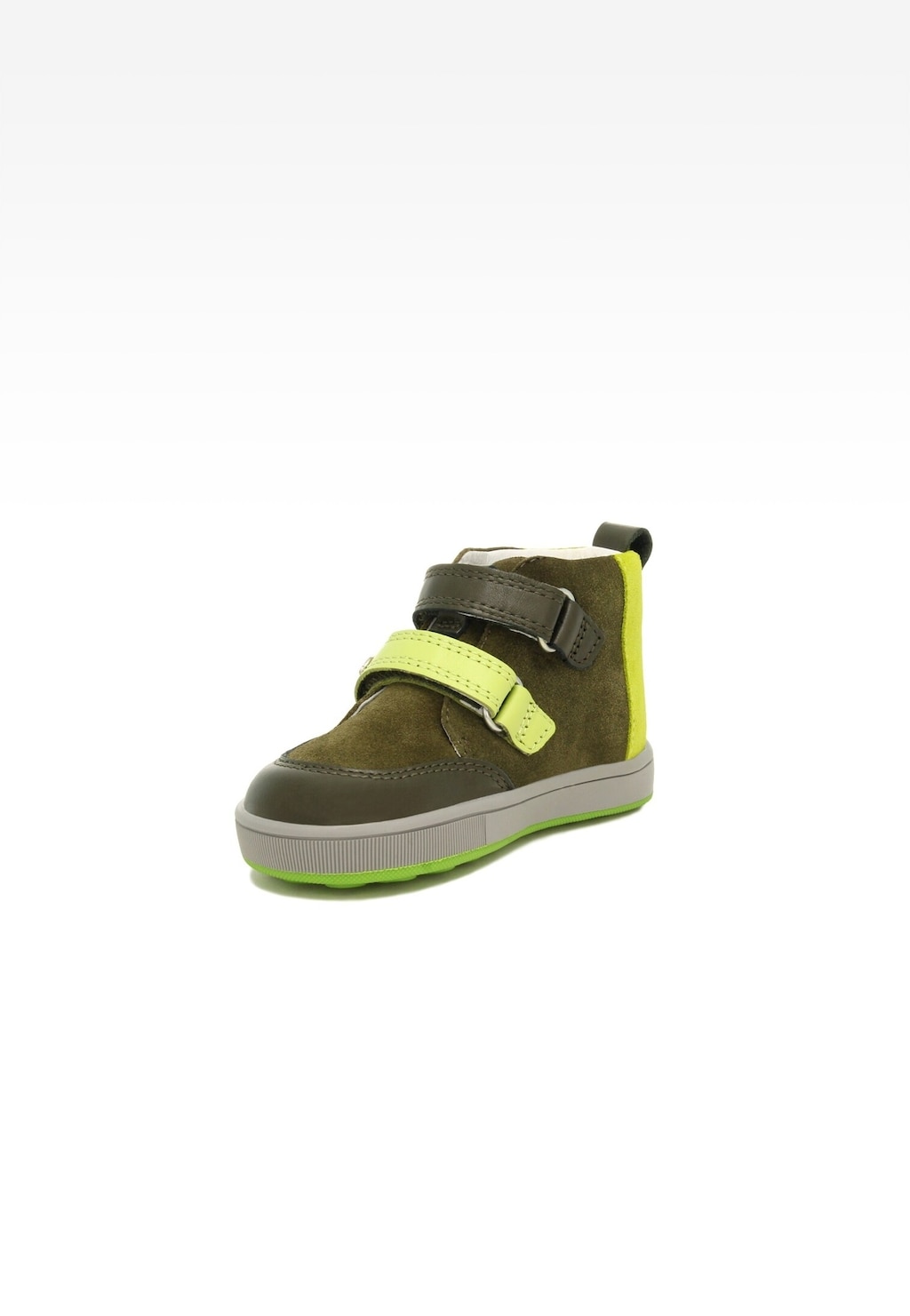 Zielony but dziecięcy Bartek 13633004 Mini first steps z rzepami, z bocznym profilem pokazującym zamszową cholewkę, neonowe wstawki i lekką podeszwę - idealne pierwsze buty dla chłopców.