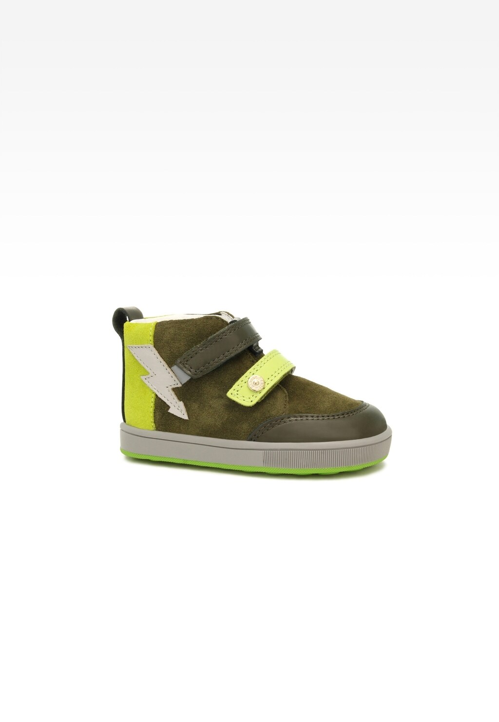 Zielone buty dziecięce Bartek 13633004 Mini first steps dla chłopców z błyskawicą, zapinane na rzepy, z gumową podeszwą, idealne do pierwszych kroków.