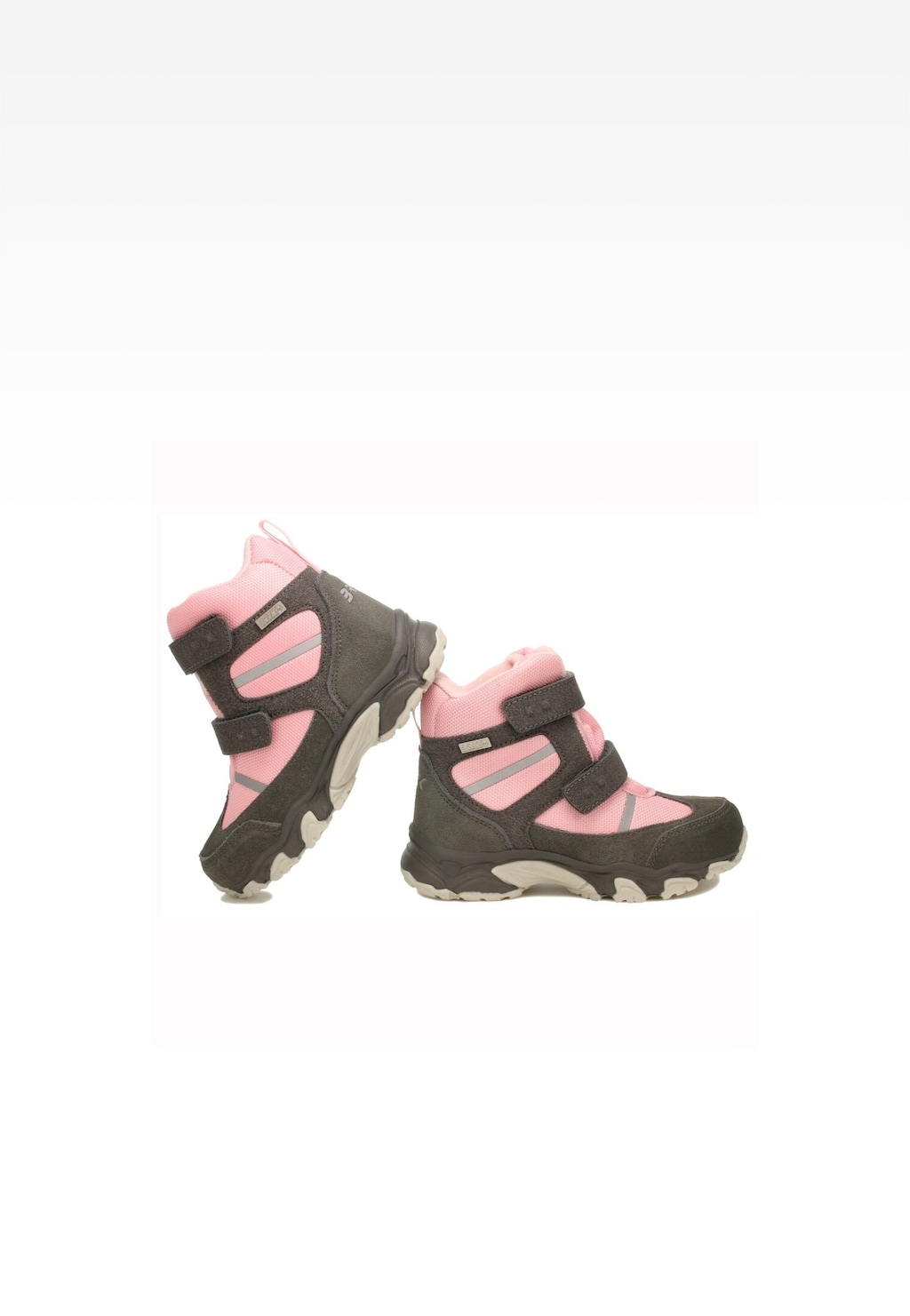 Trzewiki ocieplane Bartek 14655003 dla dziewczynki w kolorze szaro-różowym z rzepami. Zimowe buty z grubą podeszwą, widoczne z boku.