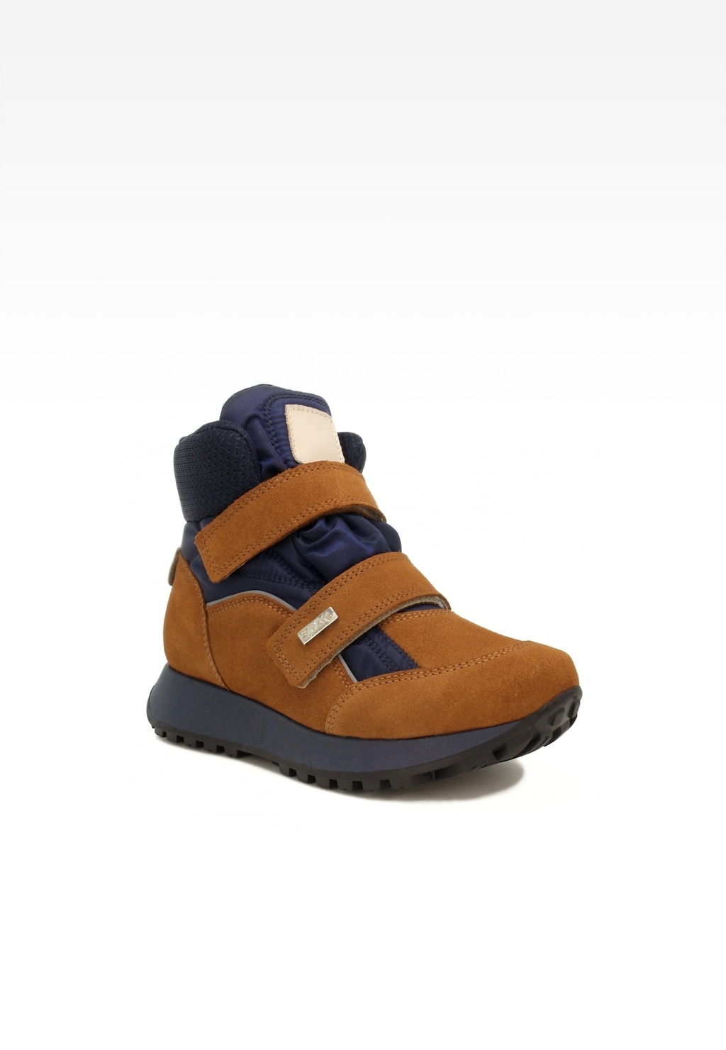 Trzewiki ocieplane Bartek 14165005 w kolorze brązowo-granatowym z rzepami, widok z boku. Zimowe buty dziecięce z ociepleniem i grubą podeszwą.
