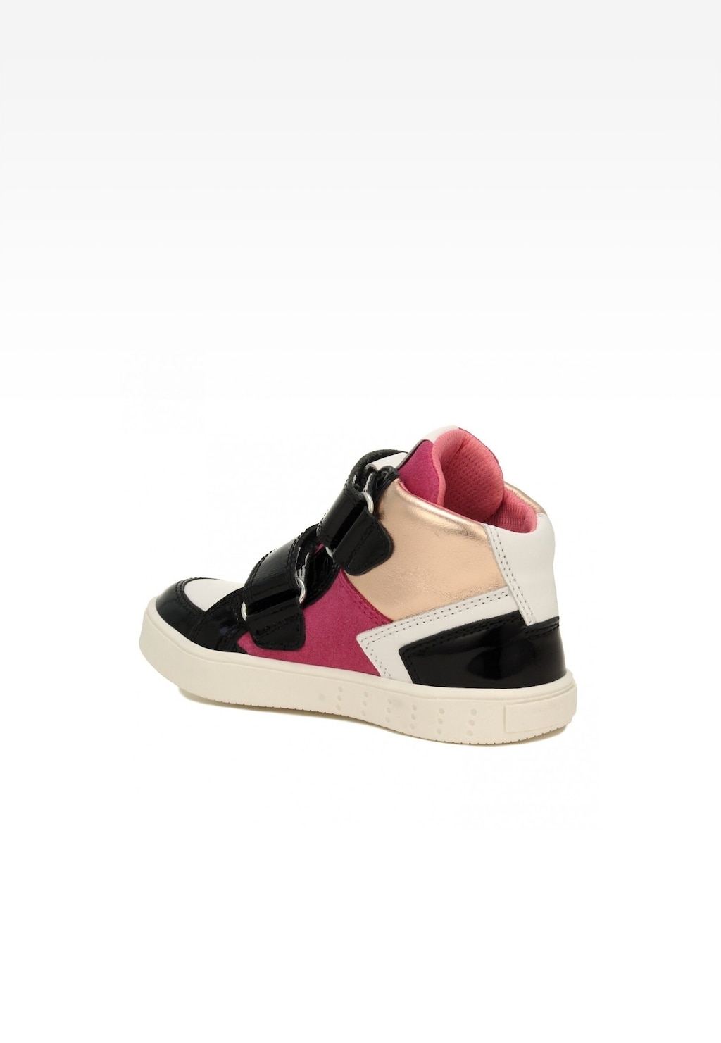 Sneakers BARTEK 27414-023 dla dziewcząt w kolorach biało-czarnych z różowymi akcentami, na rzepy, widok z boku, stylowe obuwie dziecięce o sportowym charakterze.
