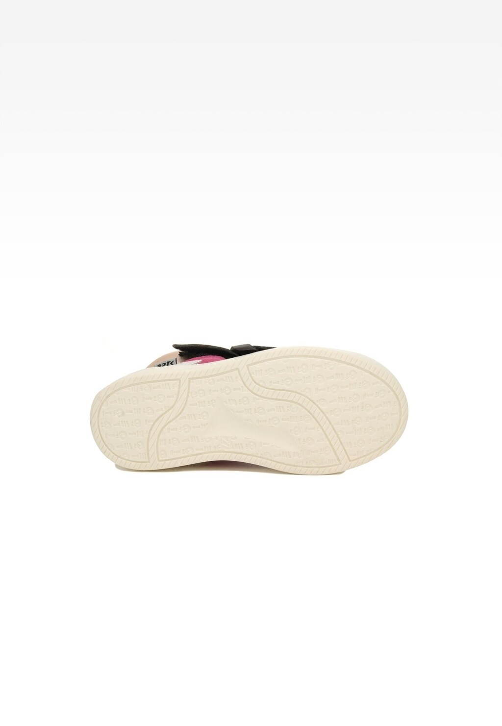 Podeszwa dziewczęcych sneakersów Bartek 27414-023 w biało-czarnym kolorze, widok od spodu pokazujący kremową, wytrzymałą podeszwę z wyraźnym wzorem bieżnika.