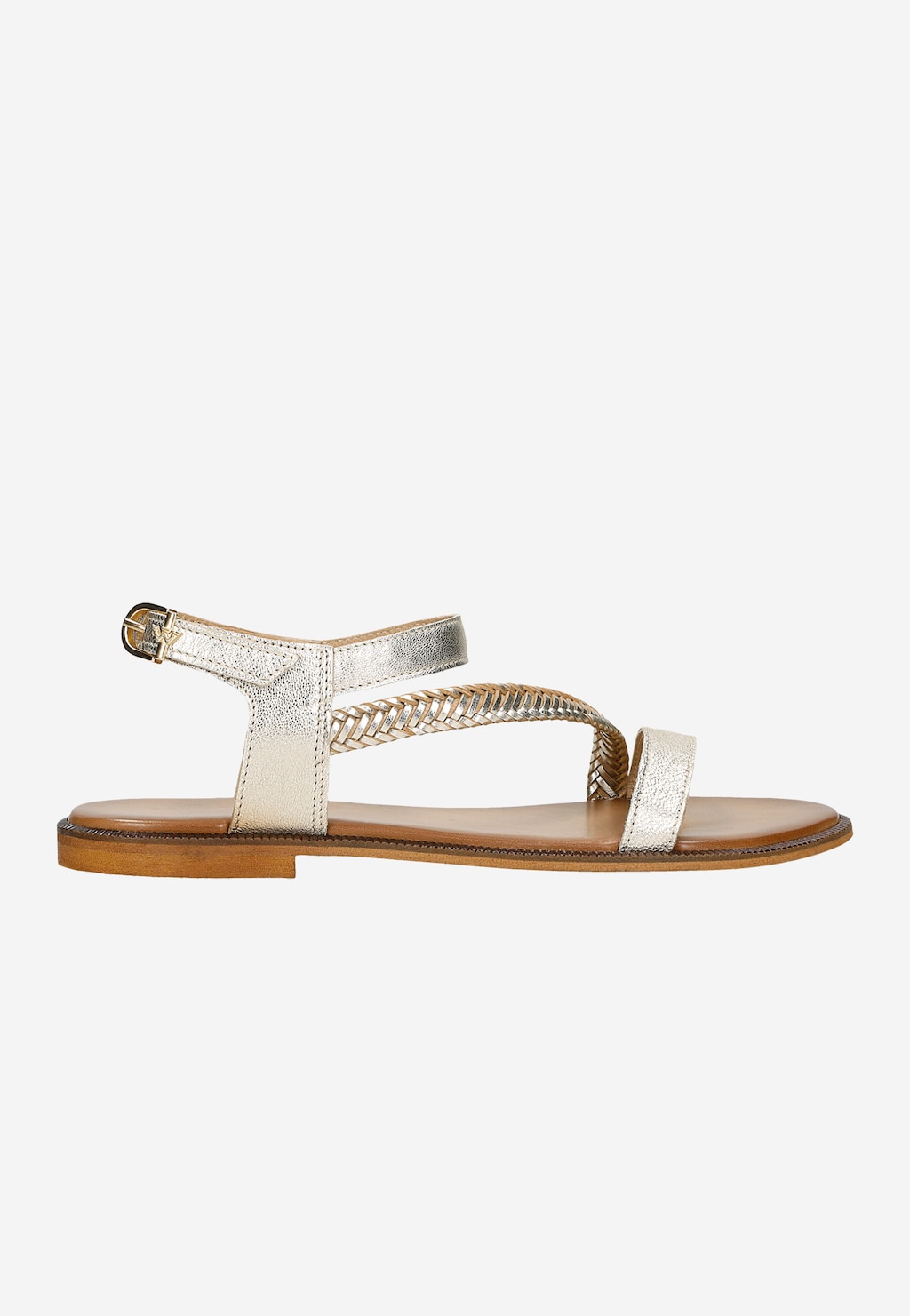 Złote sandały damskie Wojas model 76048-58 z płaskim obcasem, widok z boku. Elegancki pleciony pasek na podbiciu, regulowany zapięciem na kostce.