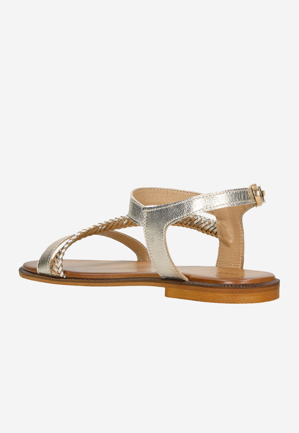 Złote sandały damskie Wojas model 76048-58 z plecionym paskiem na przodzie, płaską podeszwą i regulowanym zapięciem na kostce, widok z boku.