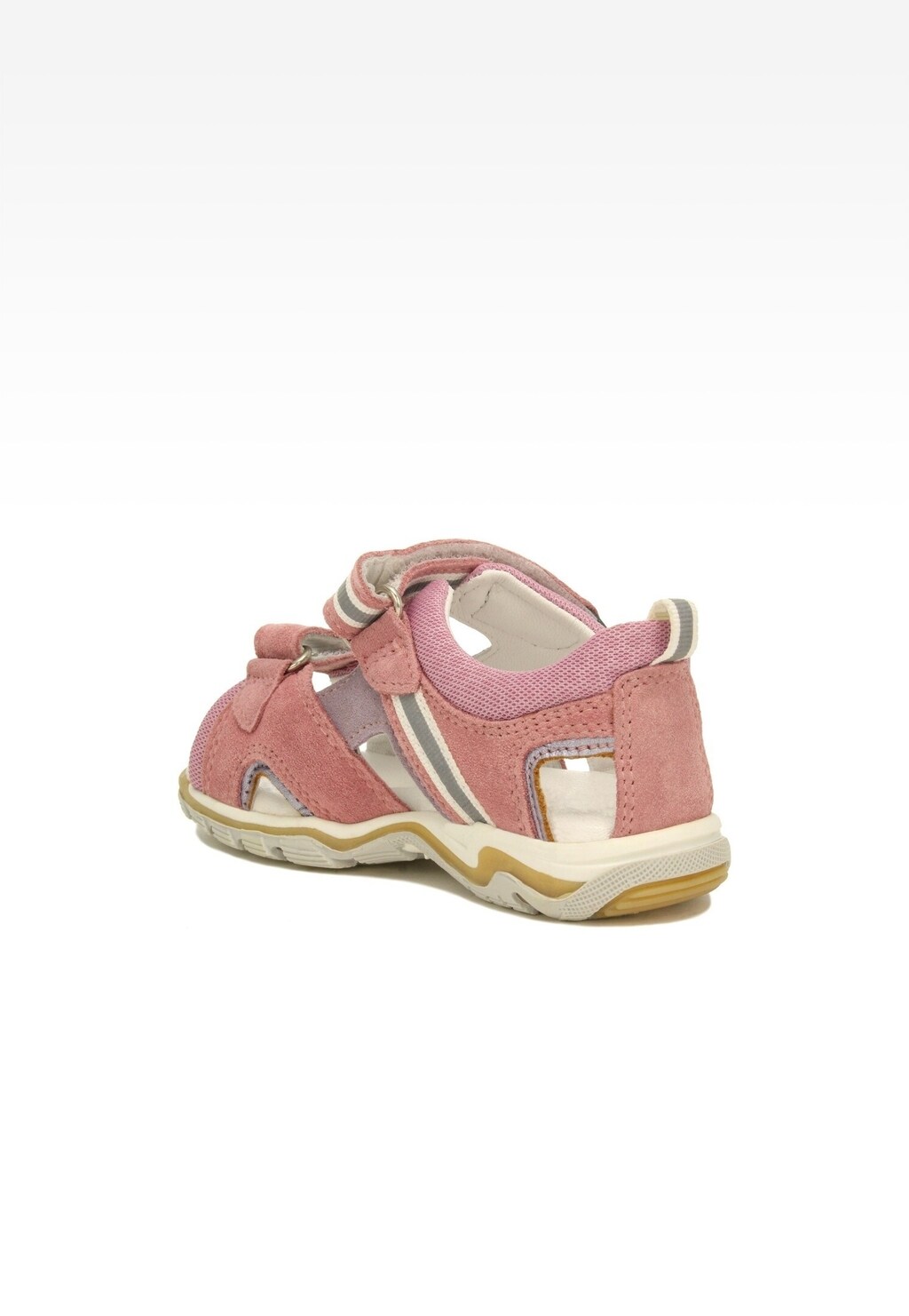 Dziewczęce sandały Bartek 19176-012 w różowo-fioletowym kolorze, widok z tyłu. Skórzane obuwie z paskami i miękką podeszwą idealne na lato.