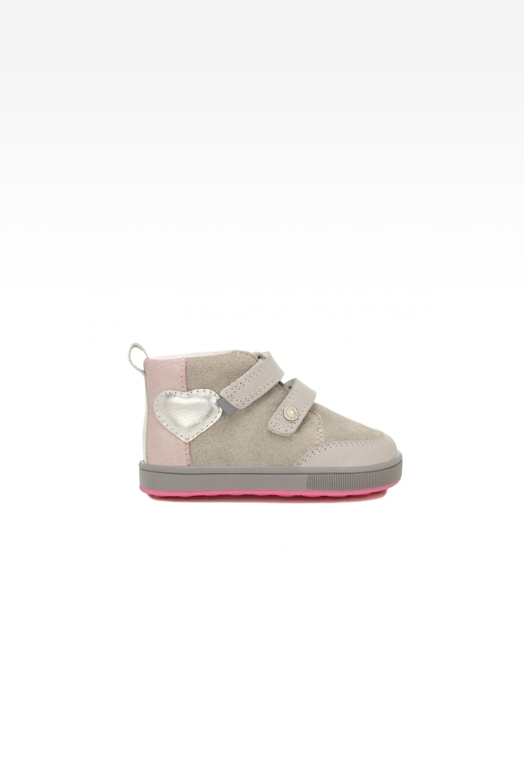 Szaro-różowe buciki dziecięce Bartek 136300-05 z dwoma rzepami i srebrnym sercem, na różowej podeszwie - idealne pierwsze buty dla dziewczynki.