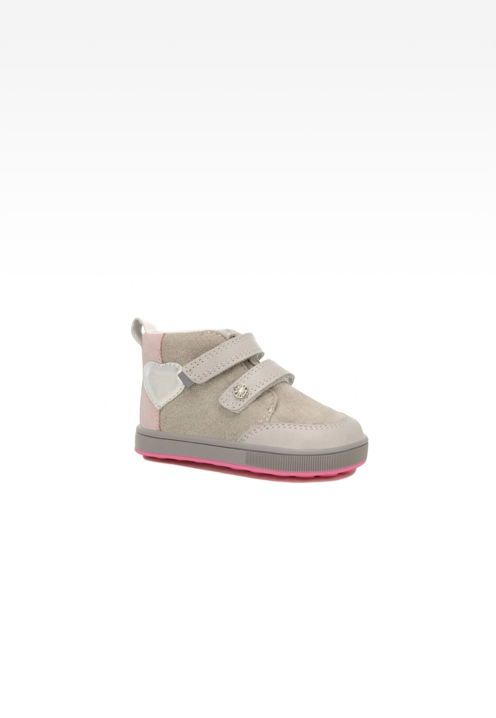 Szaro-różowe buciki dziecięce Bartek 136300-05 dla dziewczynki z dwoma rzepami zapewniającymi wygodne dopasowanie, idealne dla pierwszych kroków dziecka.