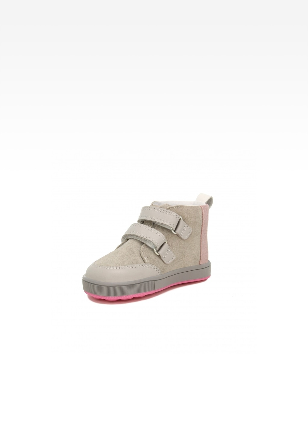 Szaro-różowe buciki dla dziewczynki Bartek 136300-05 Mini first steps z dwoma rzepami, ocieplana wyściółka, elastyczna podeszwa, idealne na pierwsze kroki.