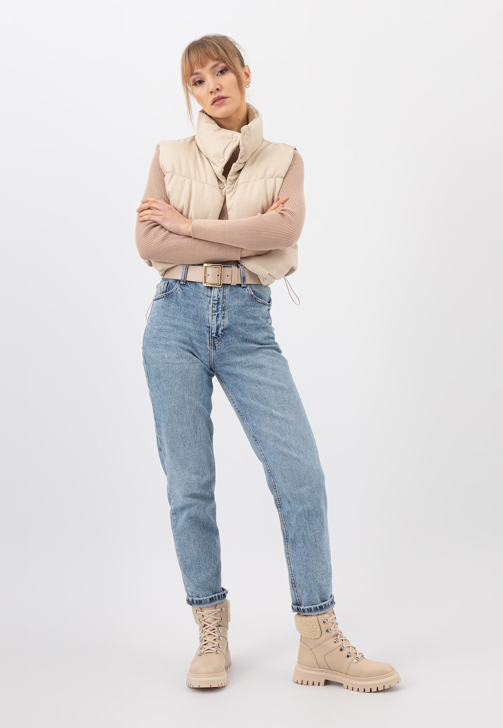 Beżowe ocieplane trzewiki damskie ze skóry licowej 64085-54 Widok 7