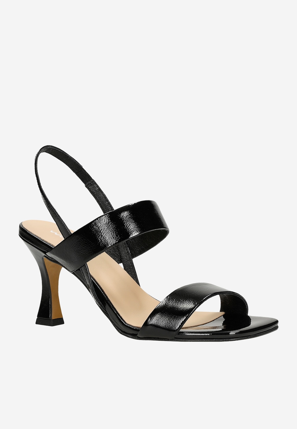 Czarne lakierowane sandały damskie Wojas model 76138-31 z oryginalnym kształtem obcasa, dwoma paskami i eleganckim wykończeniem, idealne na wieczorne wyjścia.